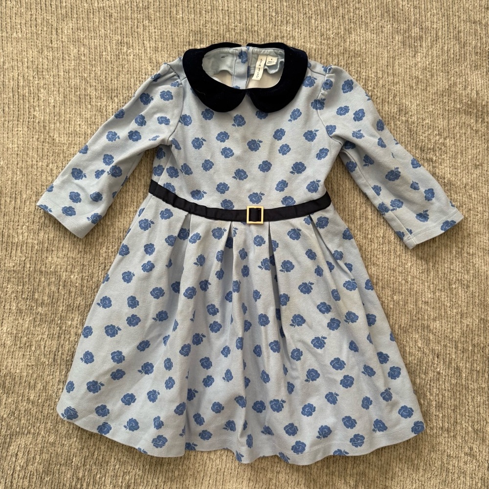 Janieβ and Jack Girls Blue Floral Dress w/ Velvet Collar Belted Size 6